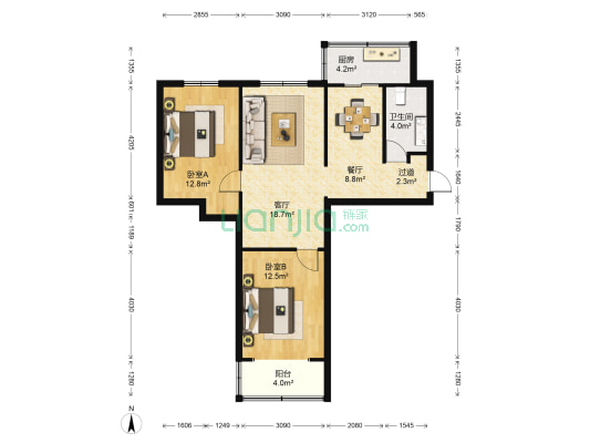 五一公寓 2室2厅1卫 86平方
