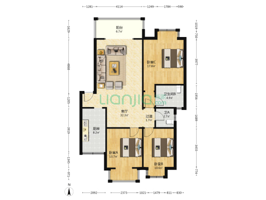 纯阳花园三期 3室1厅2卫 109平方