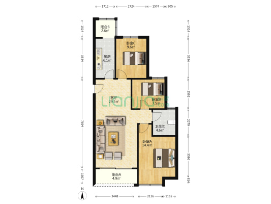 恒大世纪海岸 3室1厅1卫 107平方