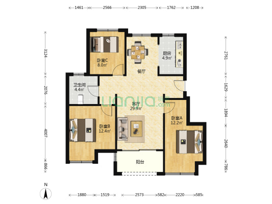 彤云嘉卉花园南区 3室1厅1卫 94平方