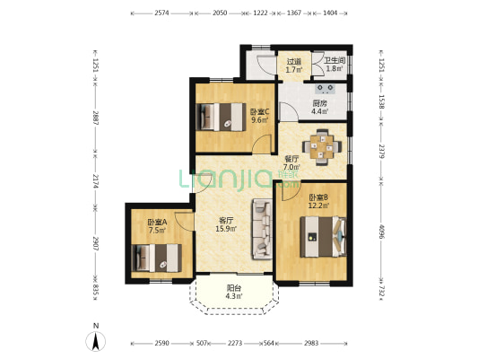 朝阳小区 3室2厅2卫 94平方