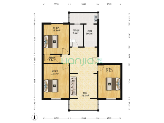 党校宿舍 3室1厅1卫 107平方