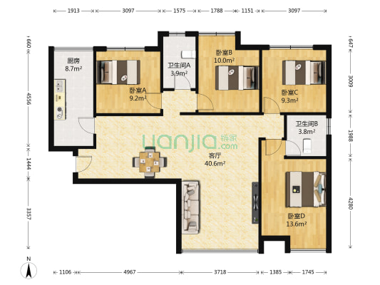 银诚东方国际三期 4室1厅2卫 116平方