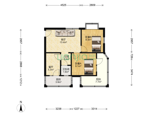 雪宫北生活区 2室2厅1卫 65平方
