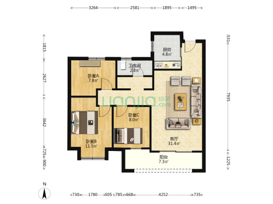 绿地城协子河畔C 3室1厅1卫 97平方