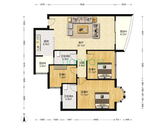 祈福新村倚湖湾 3室1厅2卫 124平方