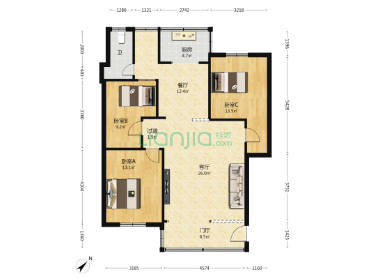 食品肉联厂宿舍 3室2厅1卫 102平方