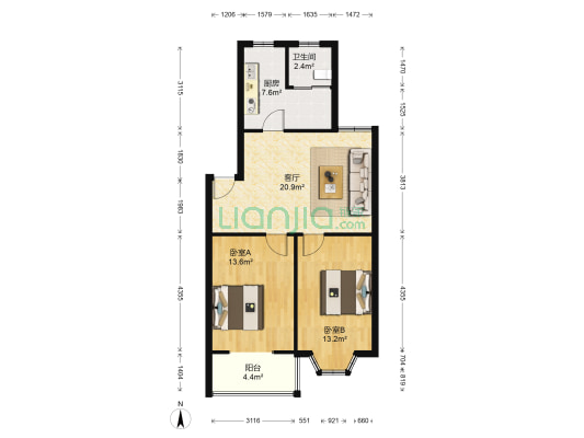 江东小区 2室1厅1卫 76平方