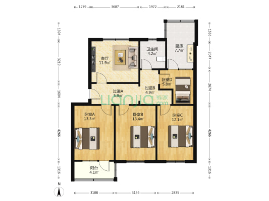 大理石小区 4室1厅1卫 104平方