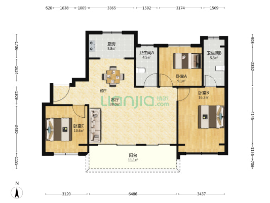 碧桂园楚州印 3室1厅2卫 127平方
