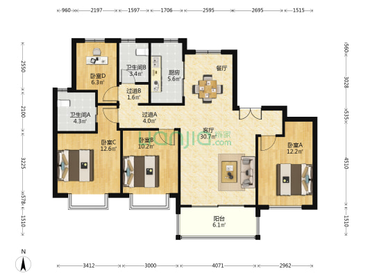 长江华府西区 4室1厅2卫 142平方
