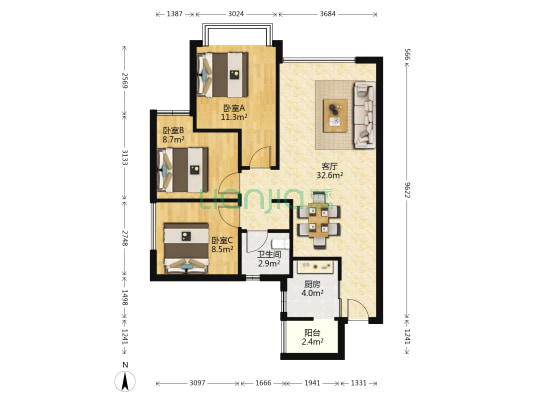 北庭香澜郡 3室1厅1卫 85平方