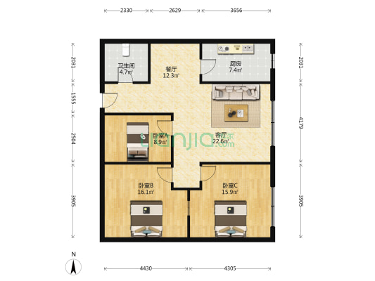 翰墨国学 3室2厅1卫 128平方
