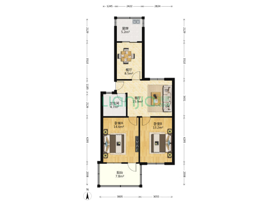 千佛山西路22号 2室2厅1卫 85平方