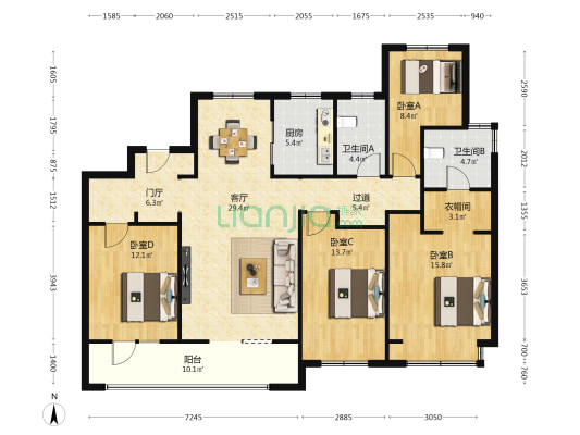 复星国际中心御峯 4室1厅2卫 162平方