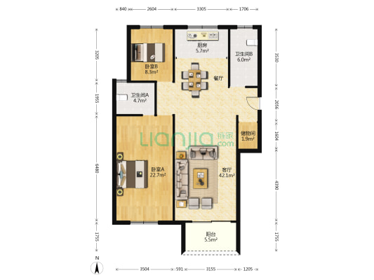 名江丽景花园B区 2室1厅2卫 114平方