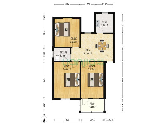 盘南公寓 3室1厅1卫 79平方