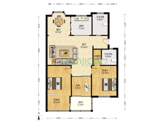 虎山社区北堤北路 3室2厅2卫 127平方