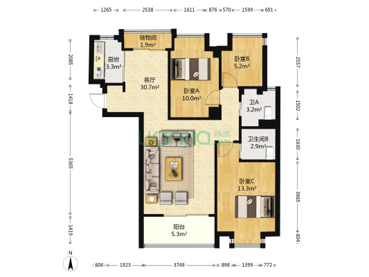 江南水都心巢东区 3室1厅2卫 100平方