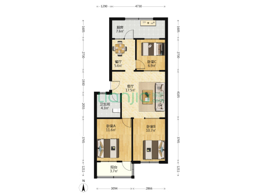 花园小区 3室2厅1卫 85平方