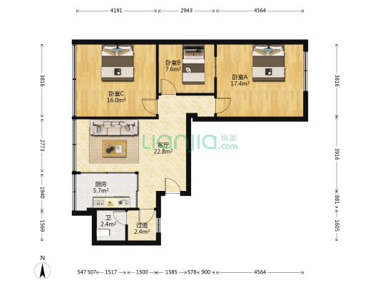 国贸大厦 3室1厅1卫 103平方