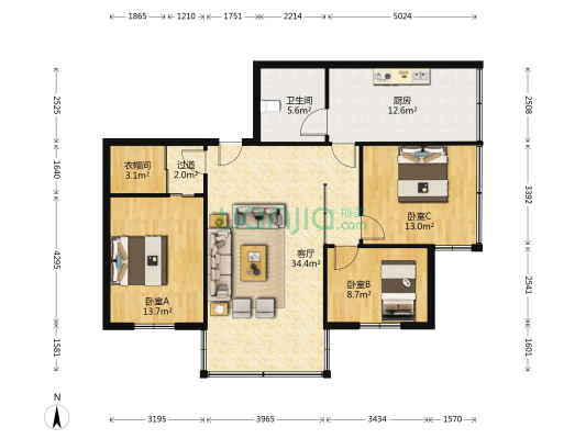 泰康园 3室1厅1卫 121平方