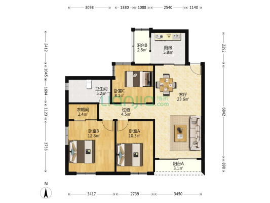 钢铁研究所 3室1厅1卫 96平方
