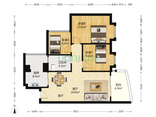 星河山海湾 3室1厅1卫 89平方