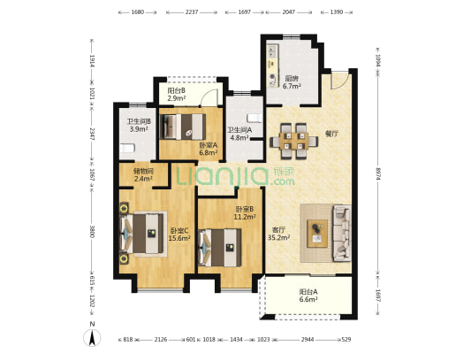 安庆中梁滨江壹号 3室1厅2卫 119平方