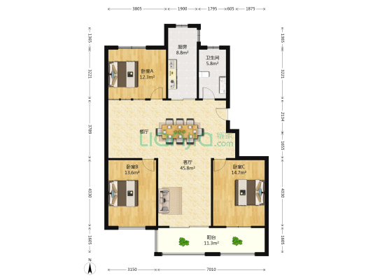 星苏花园 3室1厅1卫 132平方