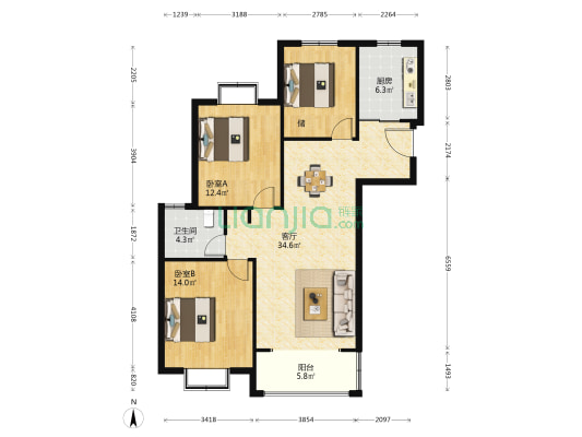 金色阳光 2室1厅1卫 117平方