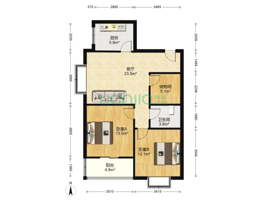 长安相府 2室1厅1卫 90平方
