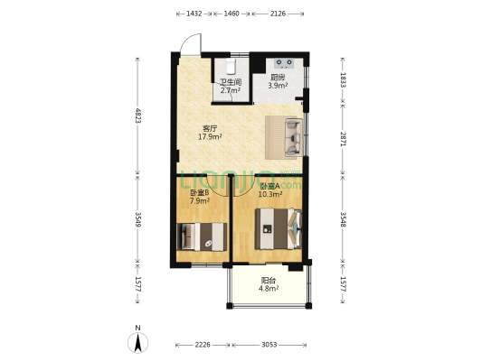 东山新苑二区 2室1厅1卫 61平方