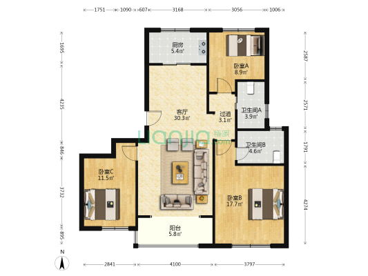 博翠府 3室1厅2卫 128平方
