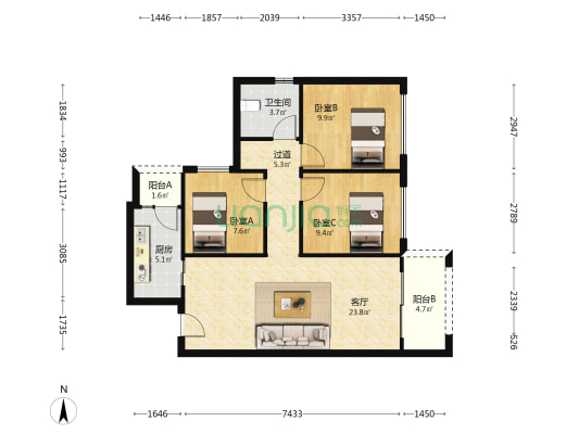 中国铁建新川樾府北区  3室1厅1卫 89平方