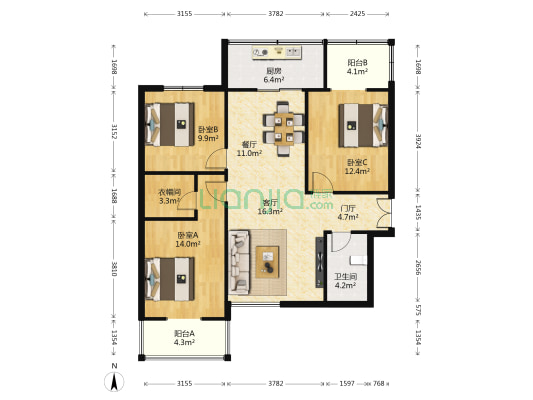 龙泉花园(青灞路) 3室2厅1卫 121平方