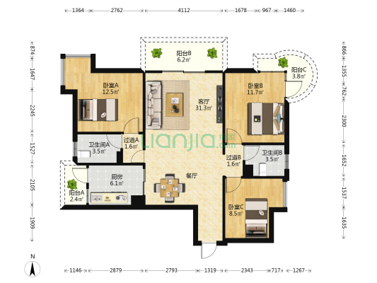 水岸都市 3室1厅2卫 114平方
