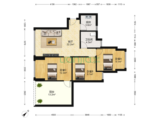 阳光花地苑 3室1厅1卫 74平方