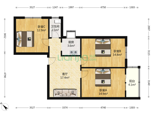 飞云里 3室1厅1卫 91平方