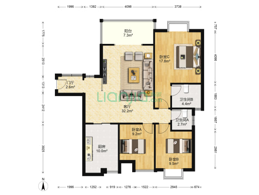 金上城 3室1厅2卫 110平方