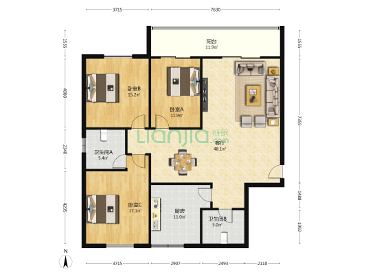梁家牌楼16号院 3室1厅2卫 154平方