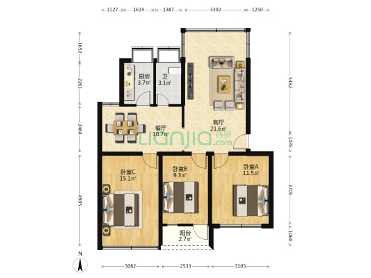 紫荆苑 3室2厅1卫 96平方