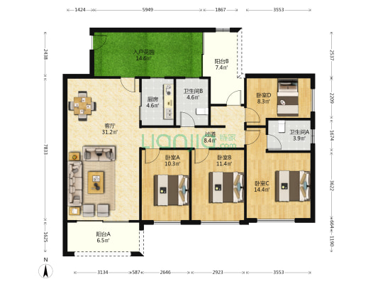 华发中央公园 4室1厅2卫 136平方
