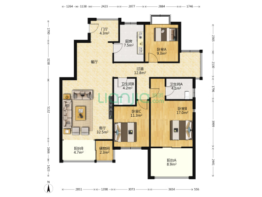 瑞麟君府南区 3室1厅2卫 143平方