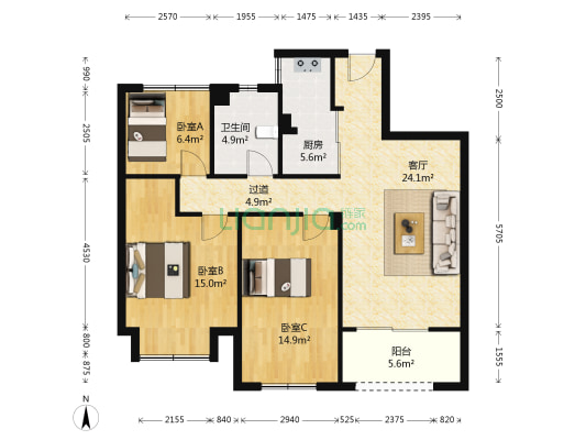 春晓公寓 3室1厅1卫 89平方