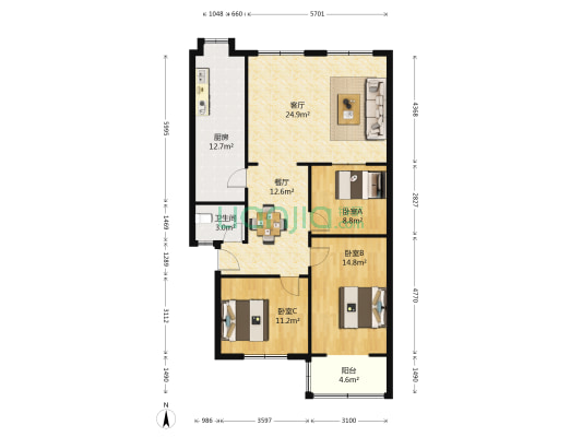 金水路83号院 3室2厅1卫 109平方