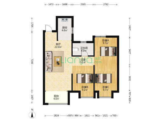 奥园滨江国际 3室1厅1卫 94平方