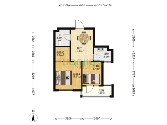 新风丽都北苑 2室1厅1卫 59平方