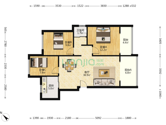 金沙阳光 3室1厅1卫 97平方