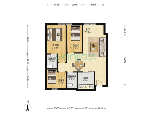 财富广场 3室1厅2卫 89平方
